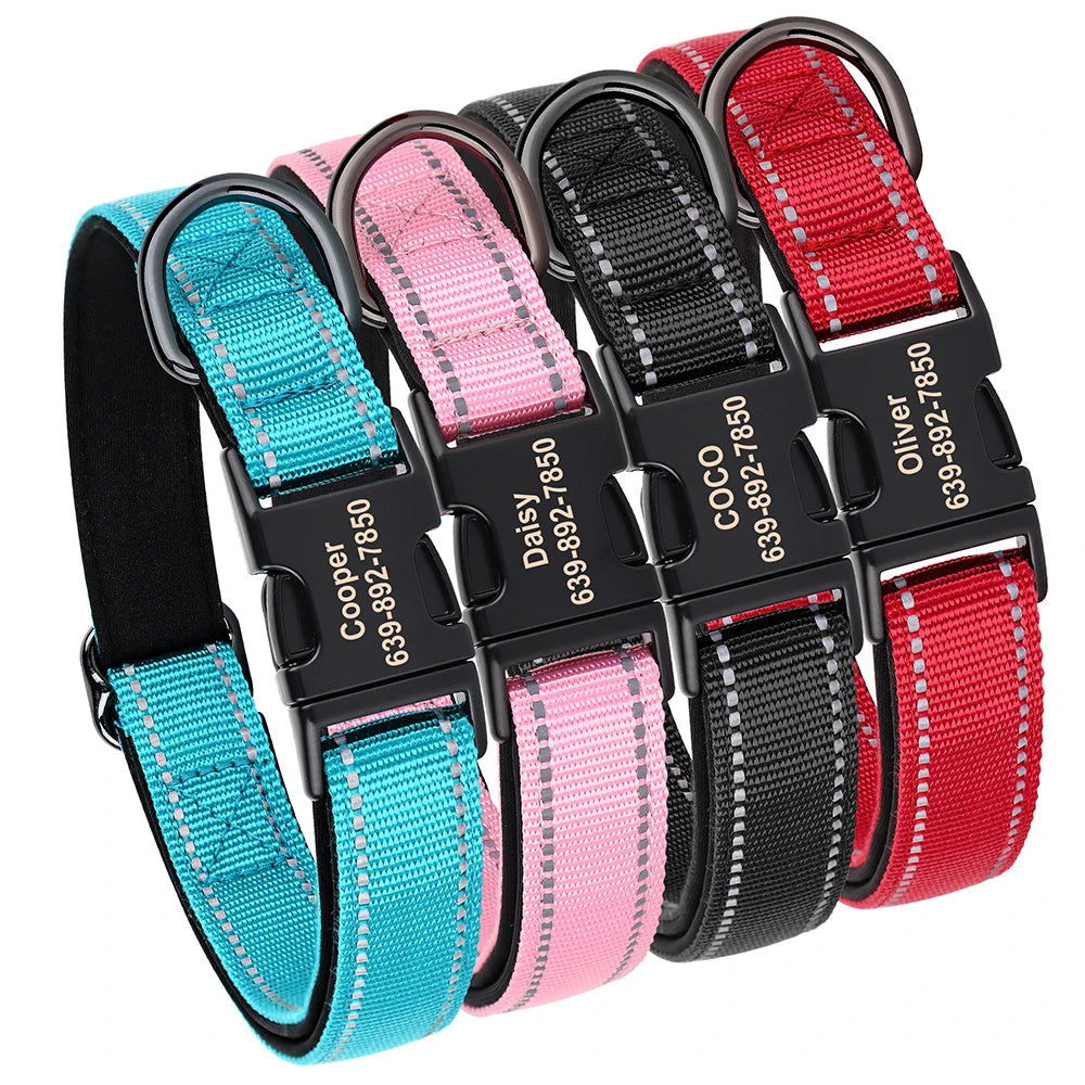 Reflective Personalized Dog Collar Engrave ID Nylon Collars Soft Padded Dogs