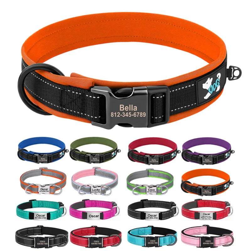 Reflective Personalized Dog Collar Engrave ID Nylon Collars Soft Padded Dogs